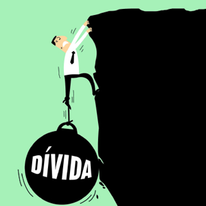 Ilustração de empresário pendurado por bola de ferro com a palavra dívida, simbolizando os riscos do capital de giro com juros abusivos.