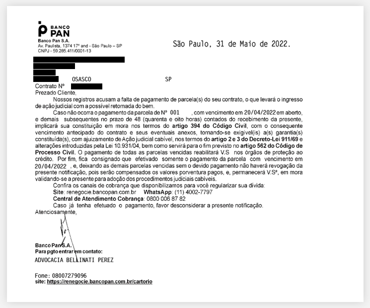 Exemplo de Notificação da Mora