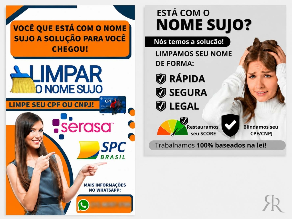 Entenda como reconhecer práticas duvidosas no mercado de revisão de dívidas 6 Exemplos de anúncios de limpar nome associados a praticas duvidosas no mercado financeiro.