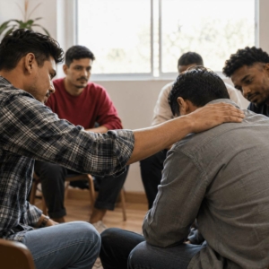 Homem recebendo apoio com uma mão no ombro durante uma roda de conversa, em imagem para o Setembro Amarelo.